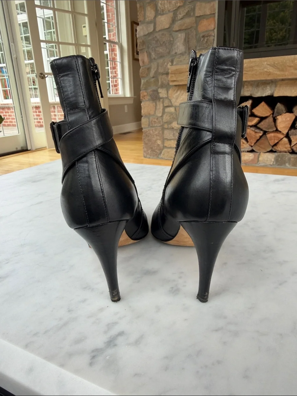 Manolo Blahnik Black Leather Pointed Ankle Booties with Buckle Strap